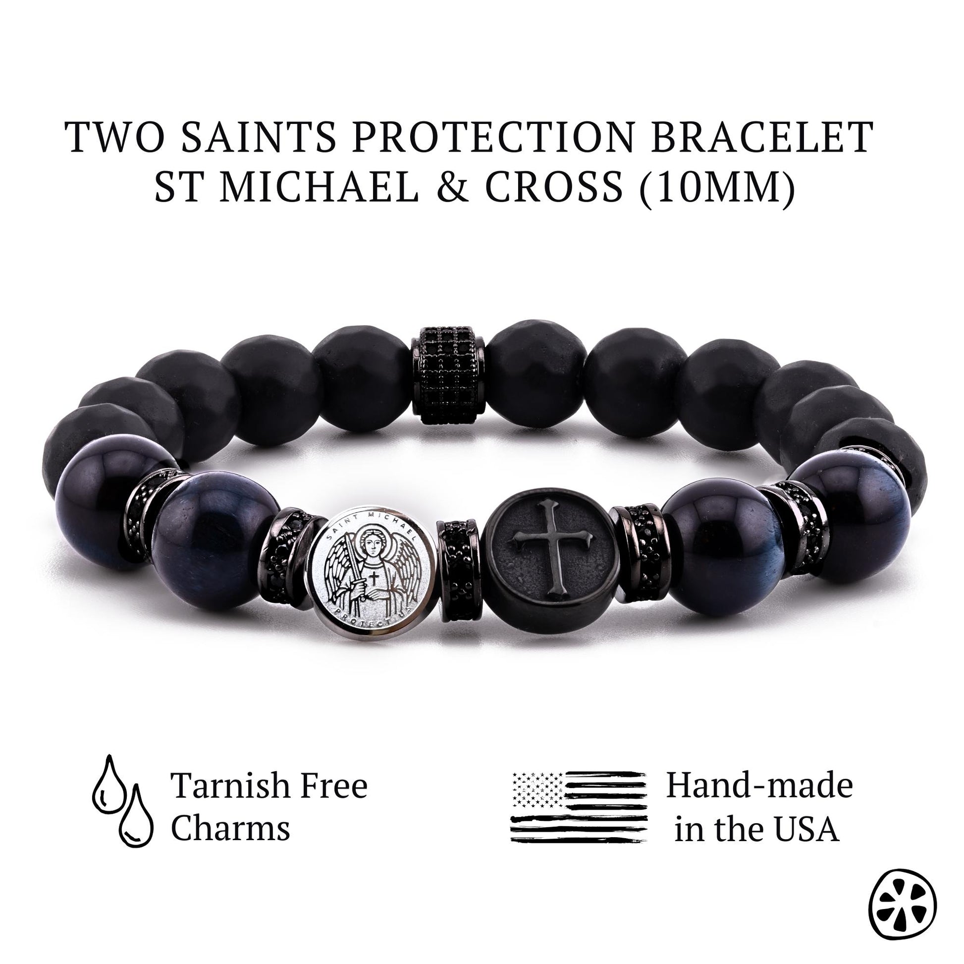 St Michael protection bracelet for men with stainless steel charms, blue tiger eye and black onyx beads 10mm, Catholic faith jewelry, crucifix bracelet, archangel Michael medal, spiritual protection jewelry for police, first responders, military gift, Christian mens bracelet, handmade USA, durable elastic, gift for him, prayer bracelet, guardian angel protection, religious jewelry, mens beaded bracelet, faith protection accessory