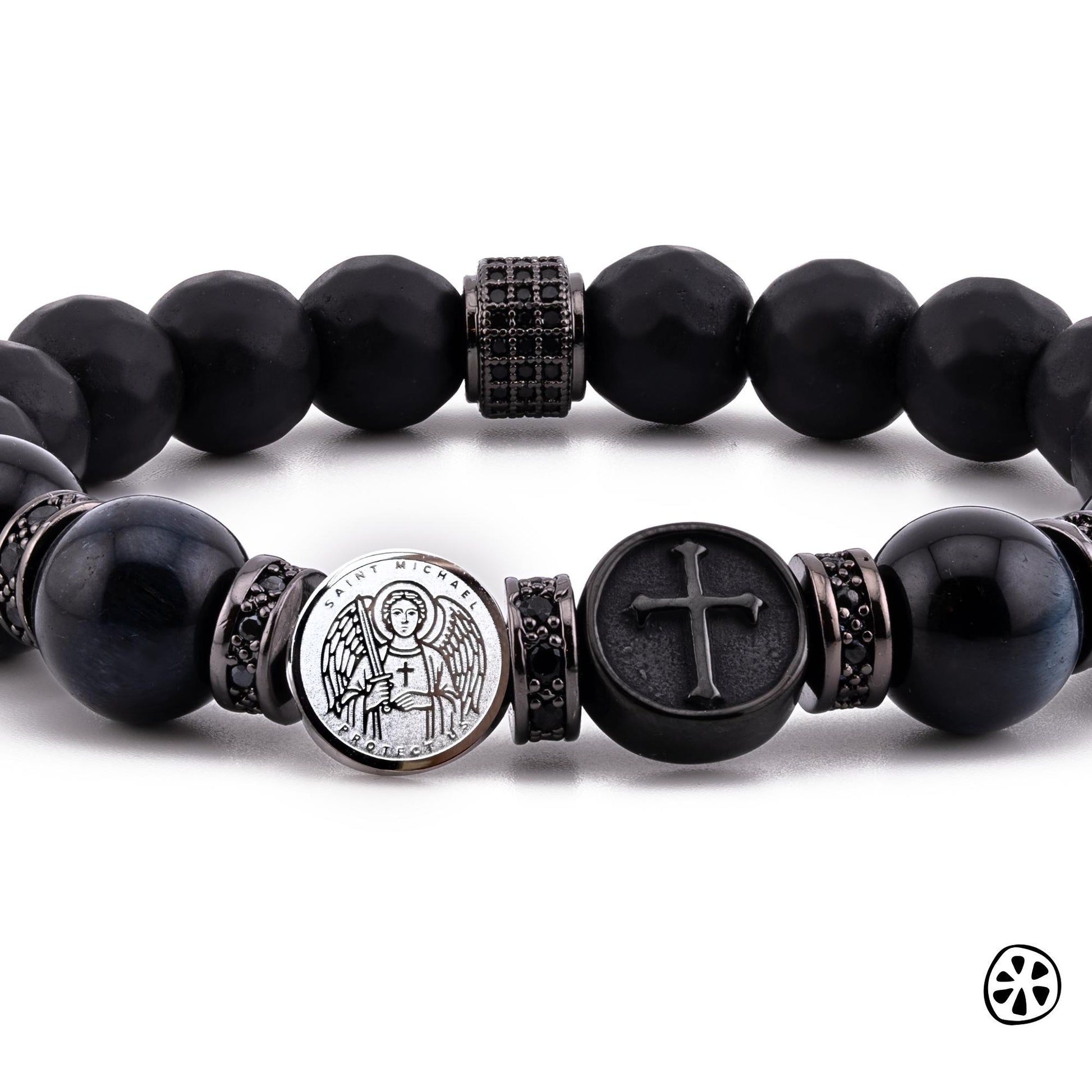 St Michael bracelet for men with stainless steel medal and crucifix, black onyx and blue tiger eye beads 10mm, Catholic protection bracelet, archangel Michael jewelry, Christian mens beaded bracelet, spiritual protection gift for police, first responders, military, faith jewelry handmade USA, durable elastic cord, mens prayer bracelet, religious gift for him, guardian angel protection, unisex Catholic bracelet, black beaded bracelet masculine style