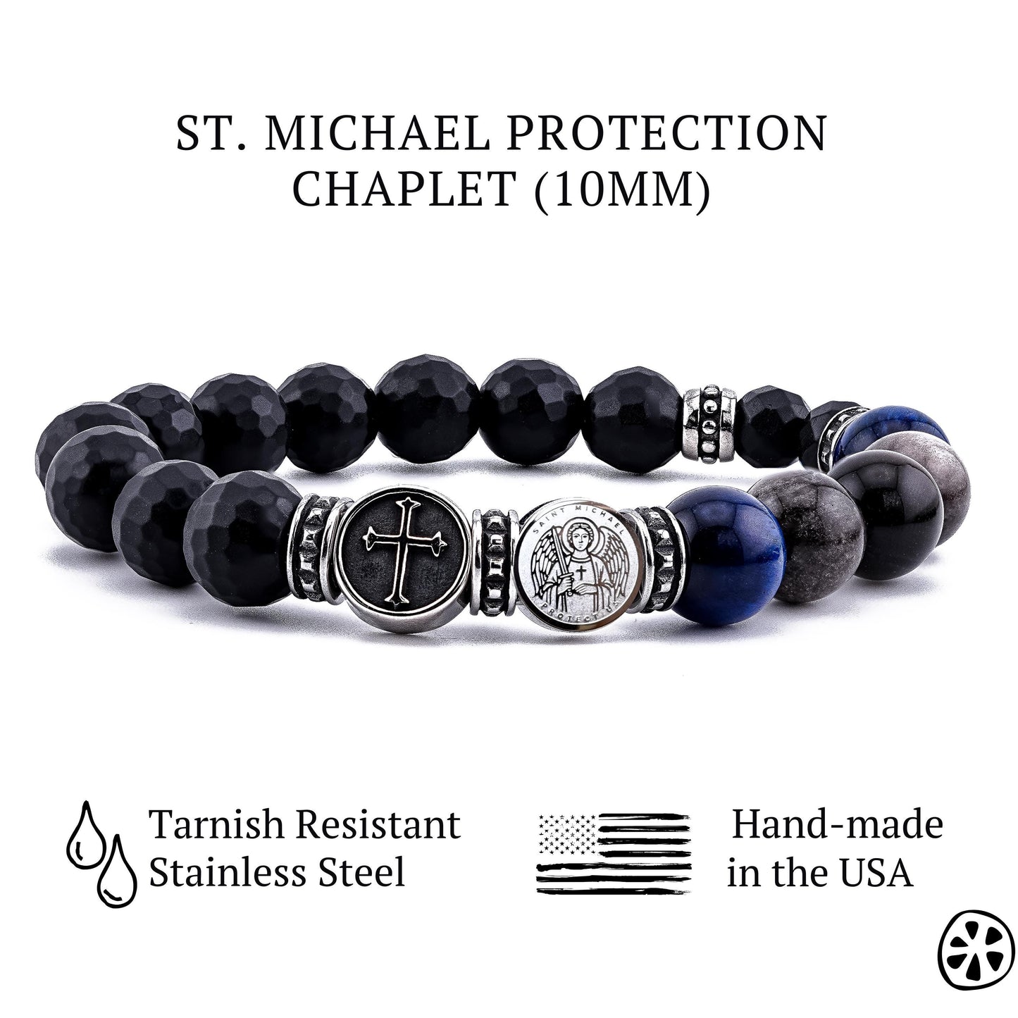 St. Michael rosary chaplet bracelet for men and unisex, handmade in USA with 10mm black matte onyx, tiger eye in midnight and royal blue tones, and black grey obsidian beads. Features double-sided stainless steel medal with St. Michael and cross charm, durable stretch cord, tarnish resistant materials. Catholic prayer bracelet, faith jewelry, protection-inspired design, gift for men, police, first responders, confirmation, baptism, everyday devotional wear.