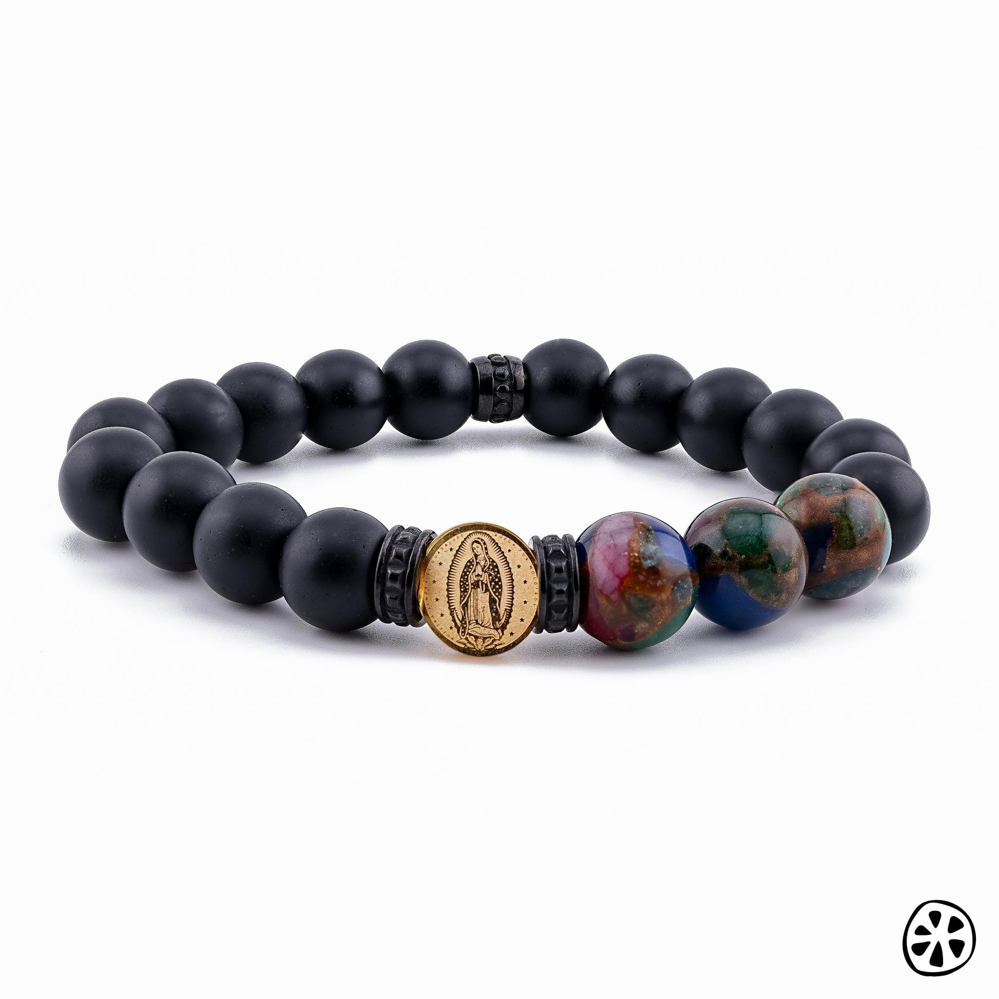 Our Lady of Guadalupe bracelet for men and unisex, crafted with 10mm frosted black onyx beads and multicolor cloisonné accents, featuring a gold-tone Guadalupe medal centerpiece and black PVD stainless steel spacers. Handmade Catholic jewelry designed for durability and everyday wear. A meaningful faith bracelet ideal for prayer, spiritual expression, or gifting. Perfect Catholic gift for baptism, confirmation, Christmas, or religious occasions.