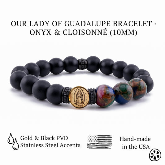 Our Lady of Guadalupe bracelet for men and unisex, featuring 10mm frosted black onyx beads with multicolor cloisonné accents and a gold-tone Guadalupe medal. Catholic faith jewelry handmade in the USA with durable gold and black PVD stainless steel spacers. A meaningful religious bracelet for daily wear, prayer, or gifting. Ideal Catholic gift for men, women, first communion, confirmation, or spiritual devotion jewelry lovers.