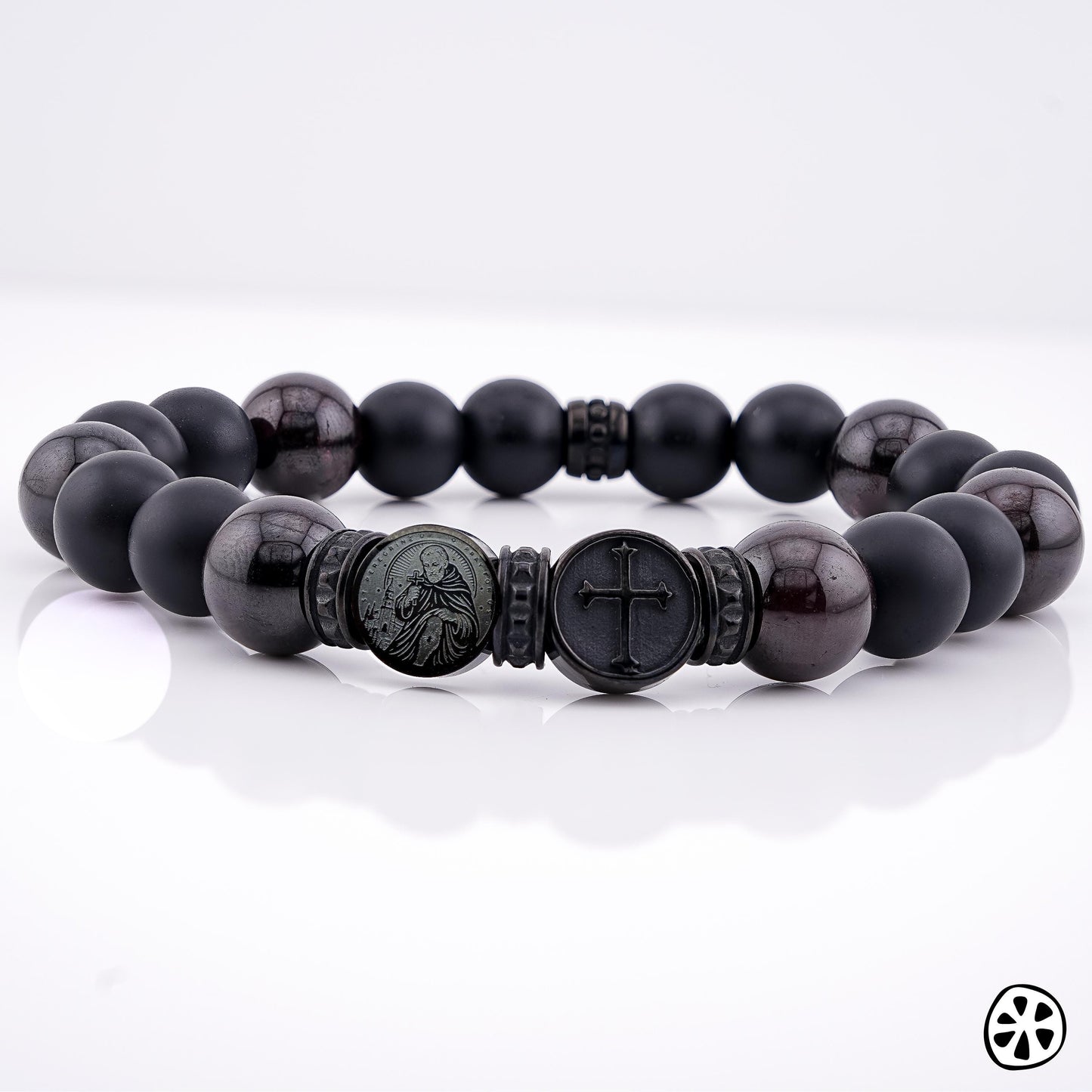 St Charbel St Peregrine Cross Bracelet Men Catholic Healing Gift Cancer Support Prayer Bracelet Onyx Garnet Jewel Black PVD Stainless Steel