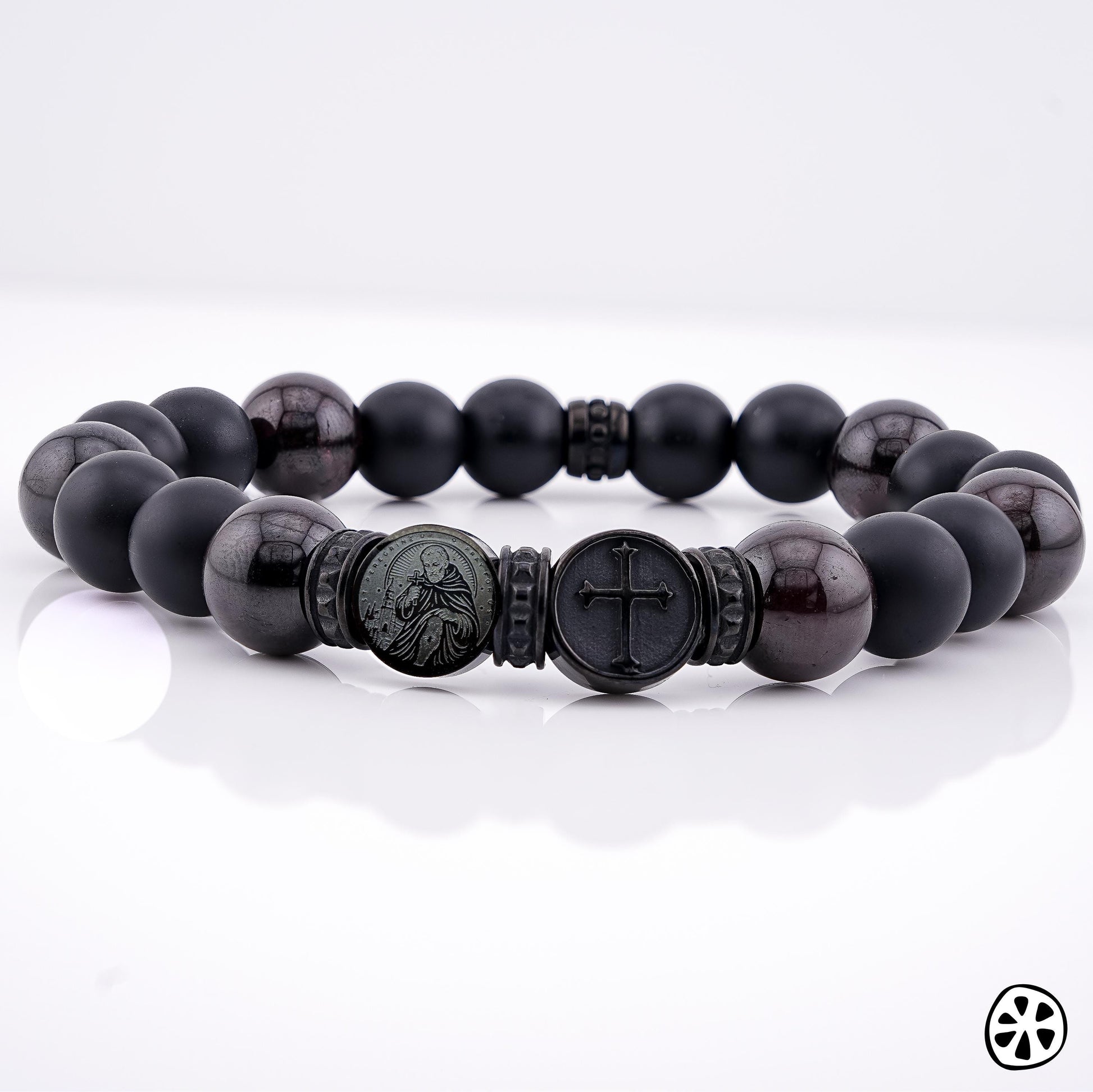 St Charbel St Peregrine Cross Bracelet Men Catholic Healing Gift Cancer Support Prayer Bracelet Onyx Garnet Jewel Black PVD Stainless Steel