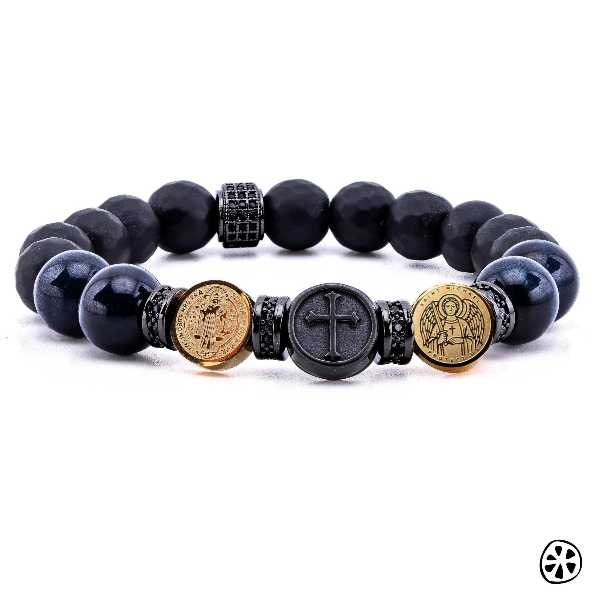 St Michael and St Benedict 18K Gold Plated Protection Bracelet – Blue Tiger Eye & Onyx • Catholic Cross Sigil Jewelry - Men’s Religious Gift
