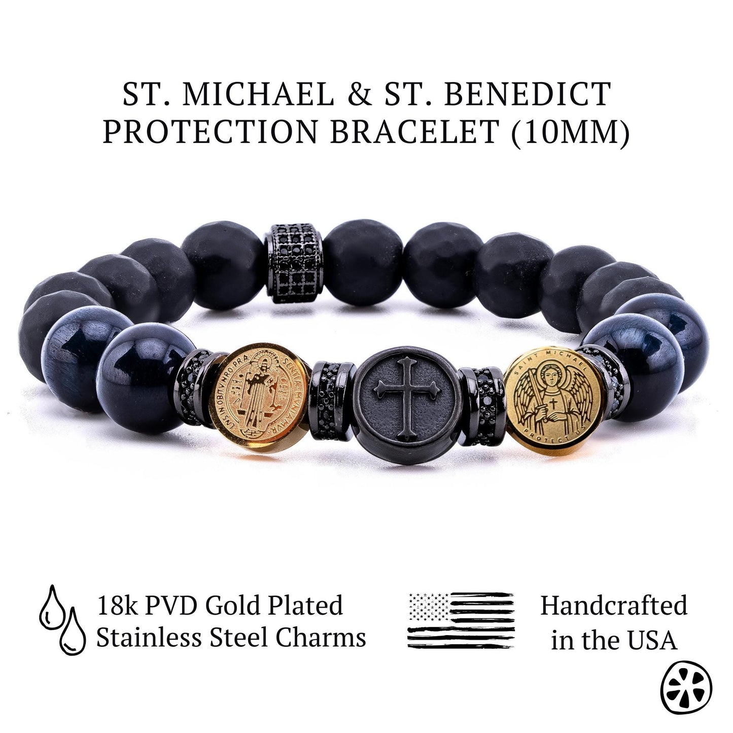 Handmade Catholic protection bracelet featuring Saint Michael, Saint Benedict, and Cross charms on 18K gold-plated stainless steel medals. Crafted with genuine Blue Tiger Eye gemstones and Black Matte Onyx beads (10mm), this unisex faith bracelet symbolizes strength, clarity, and spiritual defense. A chaplet-style rosary bracelet, perfect Christian gift for men or women, baptism, confirmation, Father’s Day, or daily prayer and meditation jewelry.