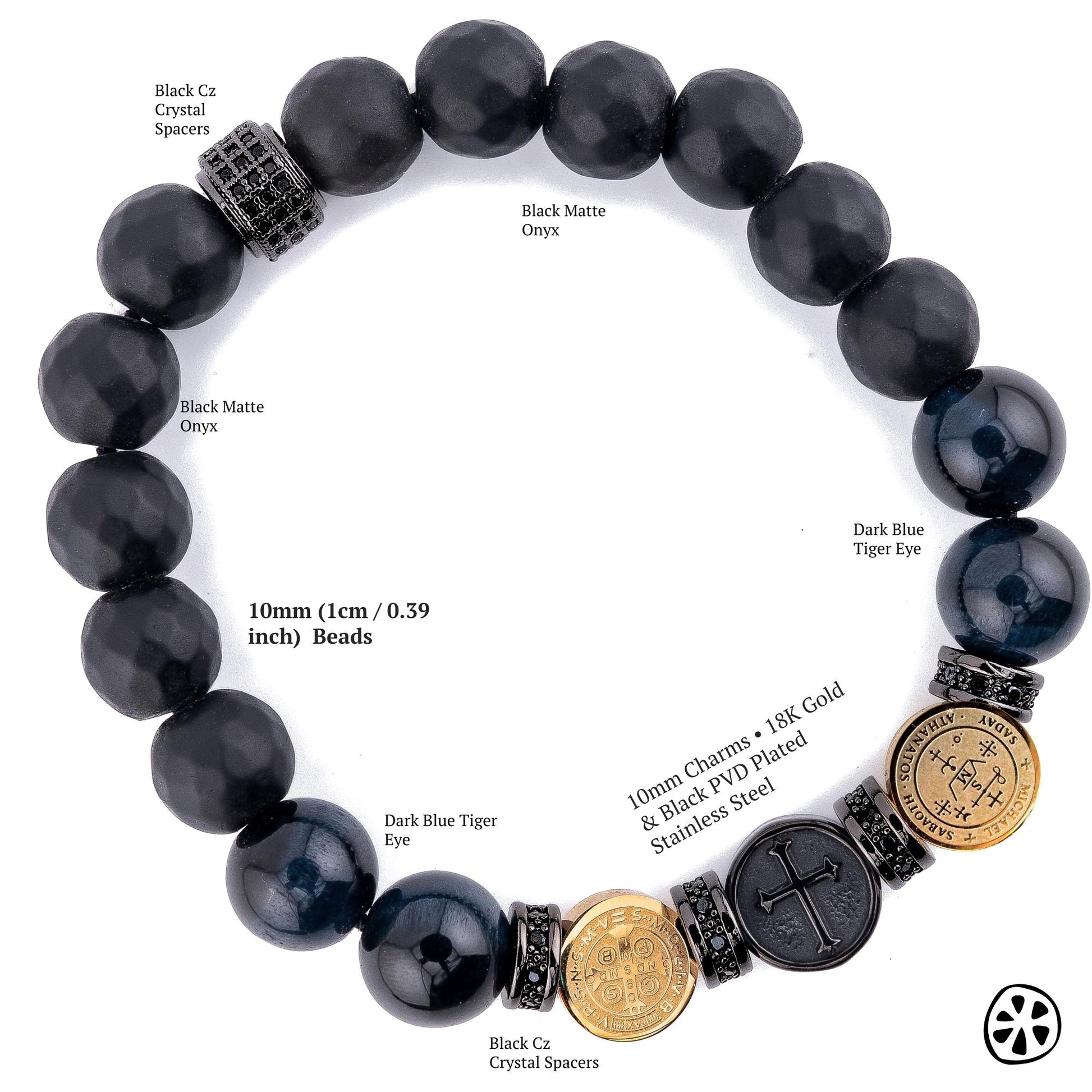 Triple Saint Catholic protection bracelet handmade with 10mm Blue Tiger Eye and Black Matte Onyx gemstones. Features three sacred medals: Saint Michael, Saint Benedict, and the Cross, crafted on durable 18K gold-plated stainless steel charms with CZ spacers. This unisex rosary chaplet bracelet offers spiritual defense, clarity, and strength. A meaningful Christian gift for men or women, ideal for prayer, baptism, confirmation, Father’s Day, or daily wear religious jewelry.