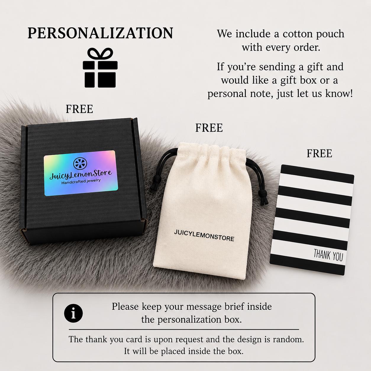 May include: A black gift box with a white logo that says "JUICYLEMONSTORE" and a white gift bag with the same logo. A white card with a cross and the text "Your message... Your name JUICYLEMONSTORE" is also shown. The text "FREE" appears three times in the image. The image is set against a brown furry background.