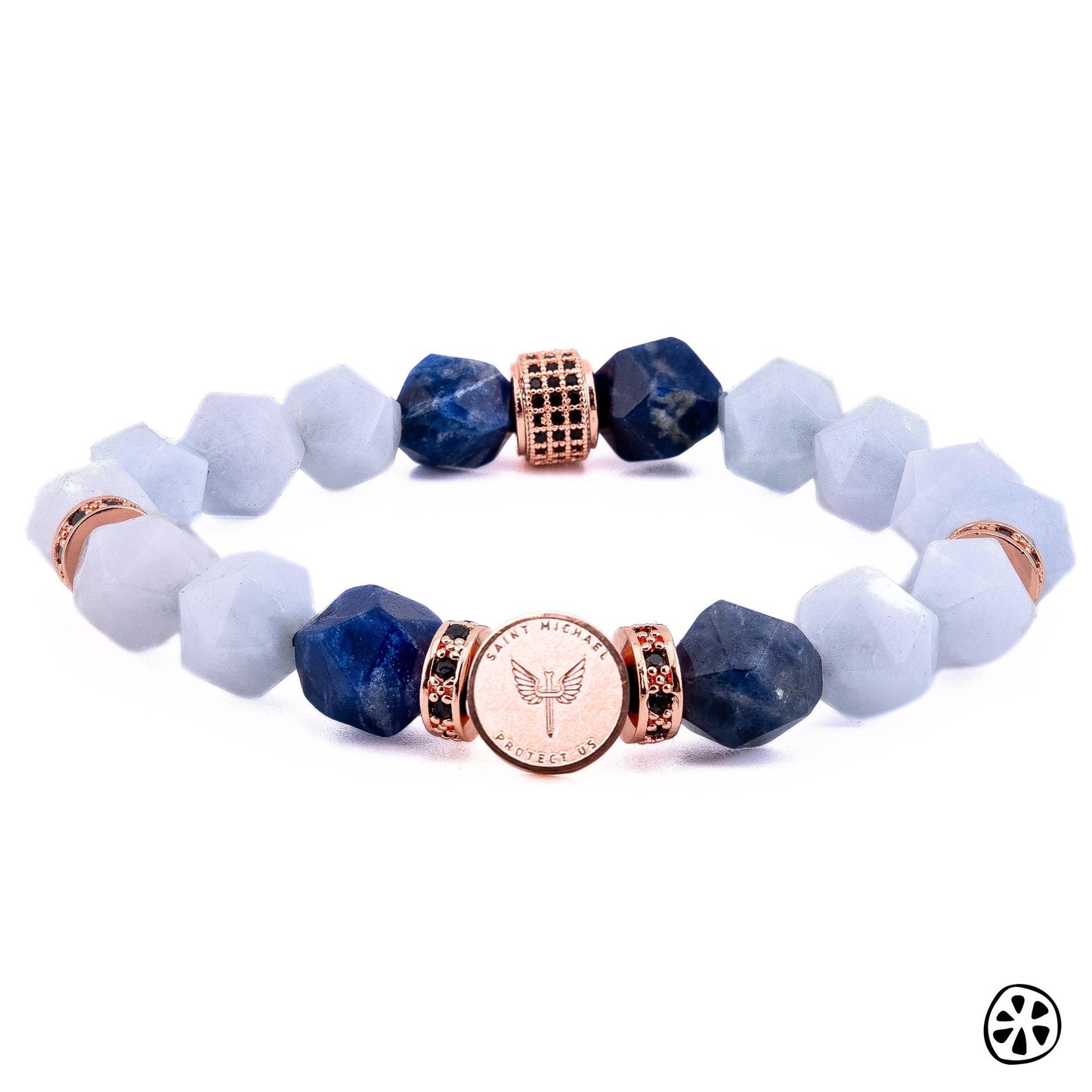 St. Michael protection bracelet with faceted aquamarine and blue sodalite gemstones, featuring a reversible rose gold PVD plated stainless steel medal charm and rose gold CZ brass crystal spacers. Catholic inspired bracelet traditionally associated with peace, wisdom, emotional balance, clarity, guidance, courage, and protection. A meaningful gift for nurses, caregivers, healthcare workers, teachers, mothers, first responders, and loved ones seeking comfort and encouragement.
