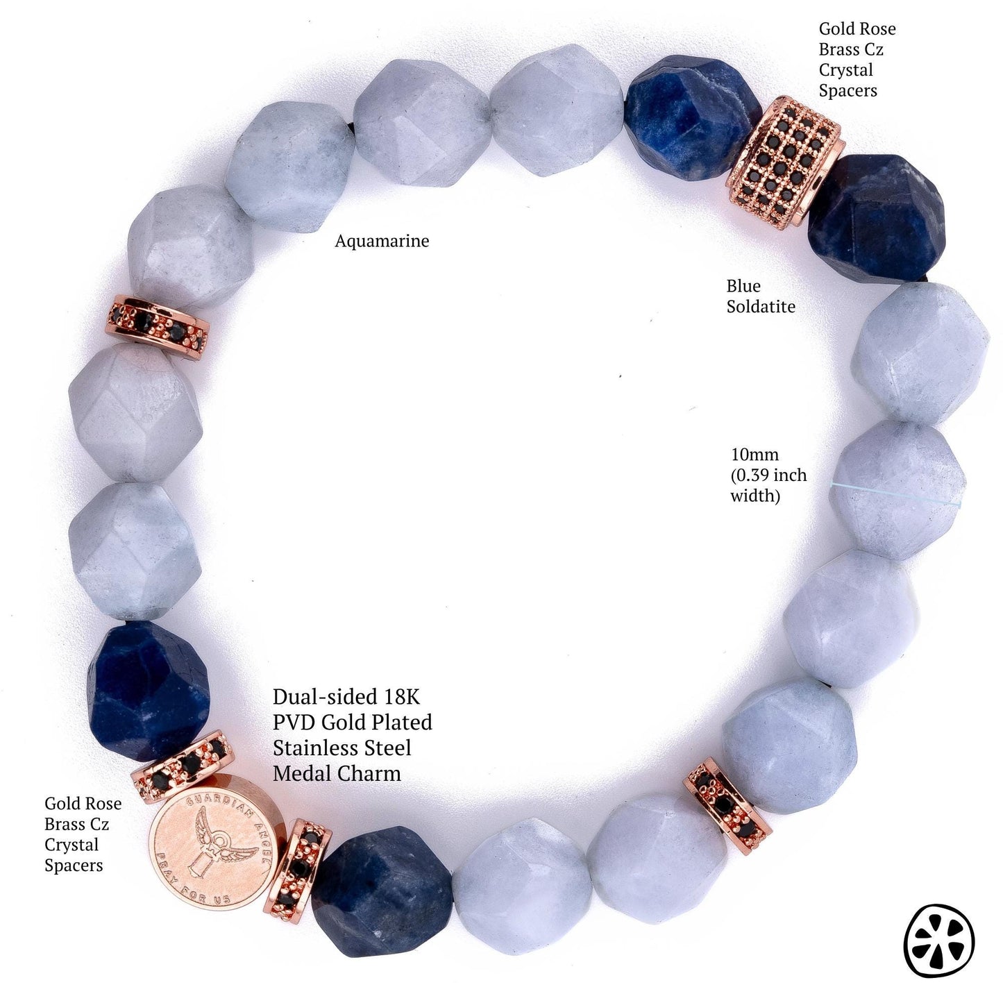 Guardian Angel bracelet with faceted aquamarine and blue sodalite gemstones, featuring a reversible 18K PVD gold plated stainless steel medal charm and rose gold CZ brass spacers. Designed as a meaningful faith inspired bracelet traditionally associated with peace, wisdom, emotional balance, clarity, guidance, and protection. A thoughtful gift for nurses, caregivers, first responders, healthcare workers, mothers, teachers, and loved ones needing encouragement, comfort, and daily strength.