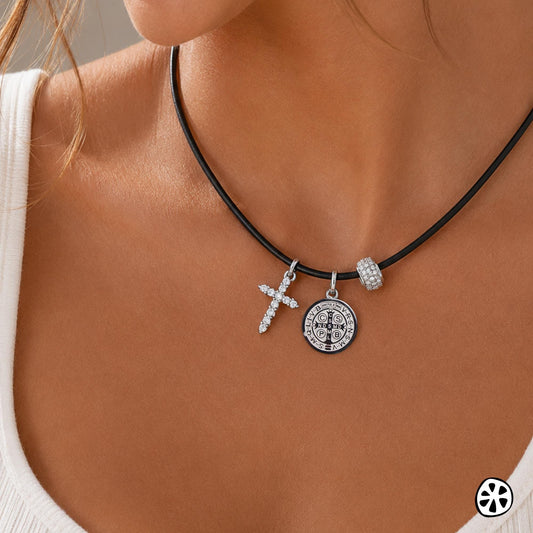 St. Benedict Medal Leather Necklace, CZ Cross, Unisex Protection Jewelry