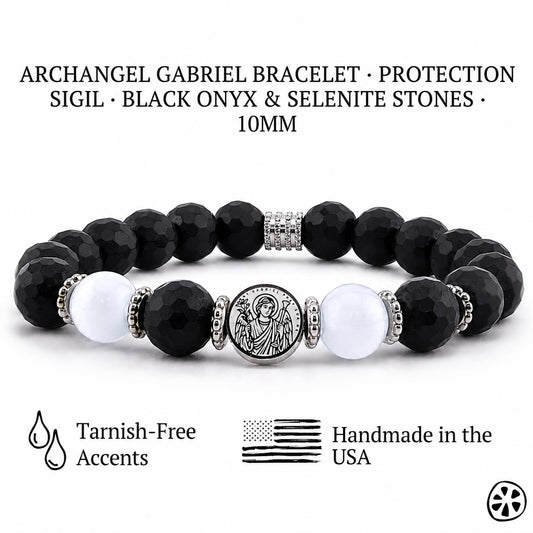 Archangel Gabriel protection bracelet displayed on a white background, featuring 10mm black onyx and bright white selenite beads. Center medal shows an engraved Archangel Gabriel sigil in stainless steel. Tarnish-free silver accents appear between the stones. Two bracelets are stacked together, showing shine, contrast, and handmade craftsmanship, with small icons underneath indicating tarnish-free accents and USA handmade.