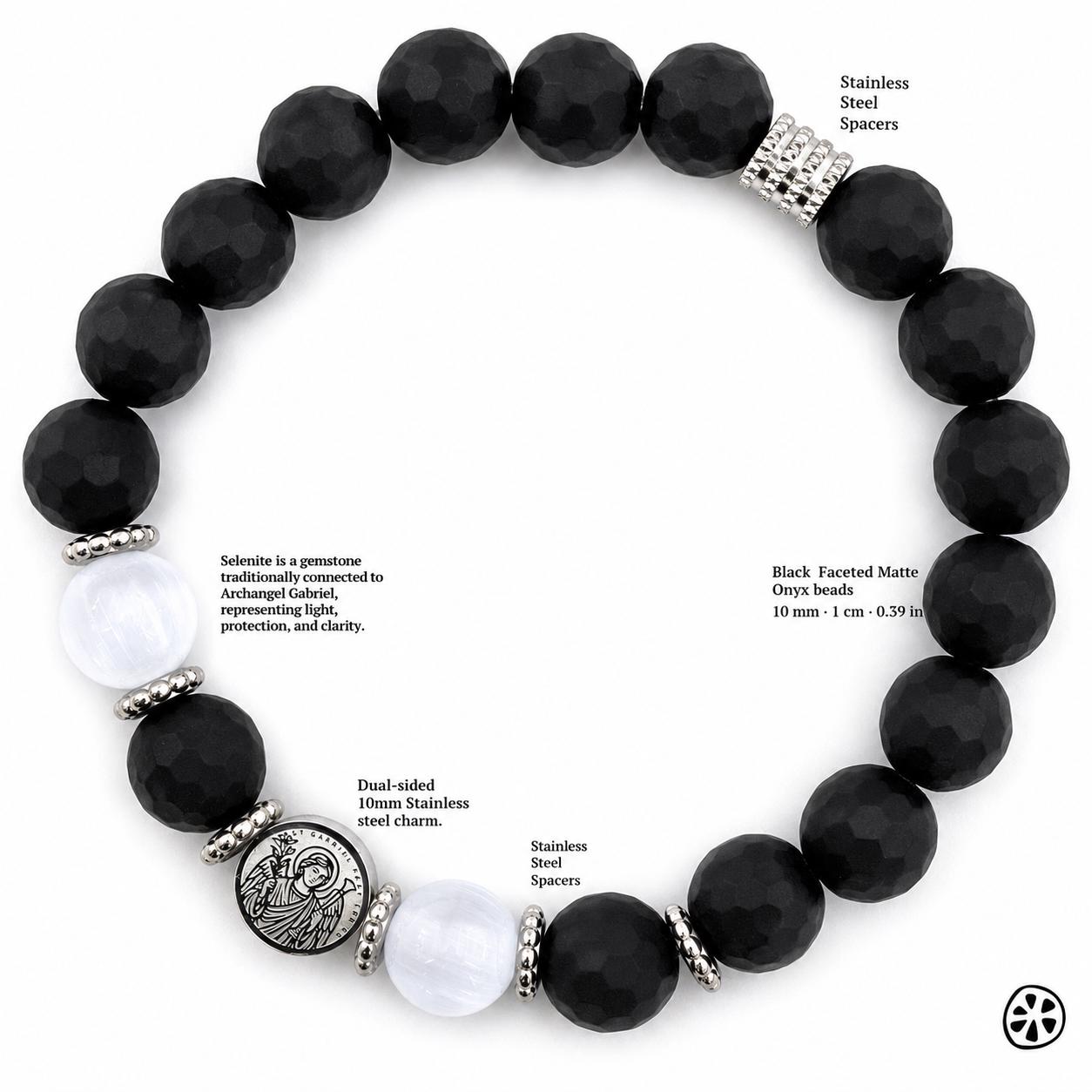 Black faceted matte onyx bracelet featuring stainless steel spacers, smooth white selenite beads, and a dual-sided 10 mm stainless steel charm engraved with Archangel Gabriel and his sigil. The bracelet is displayed in a circular layout on a white background, showing the bead textures, the contrast of black and white stones, and the detailed engraving on the charm for clear visual reference.