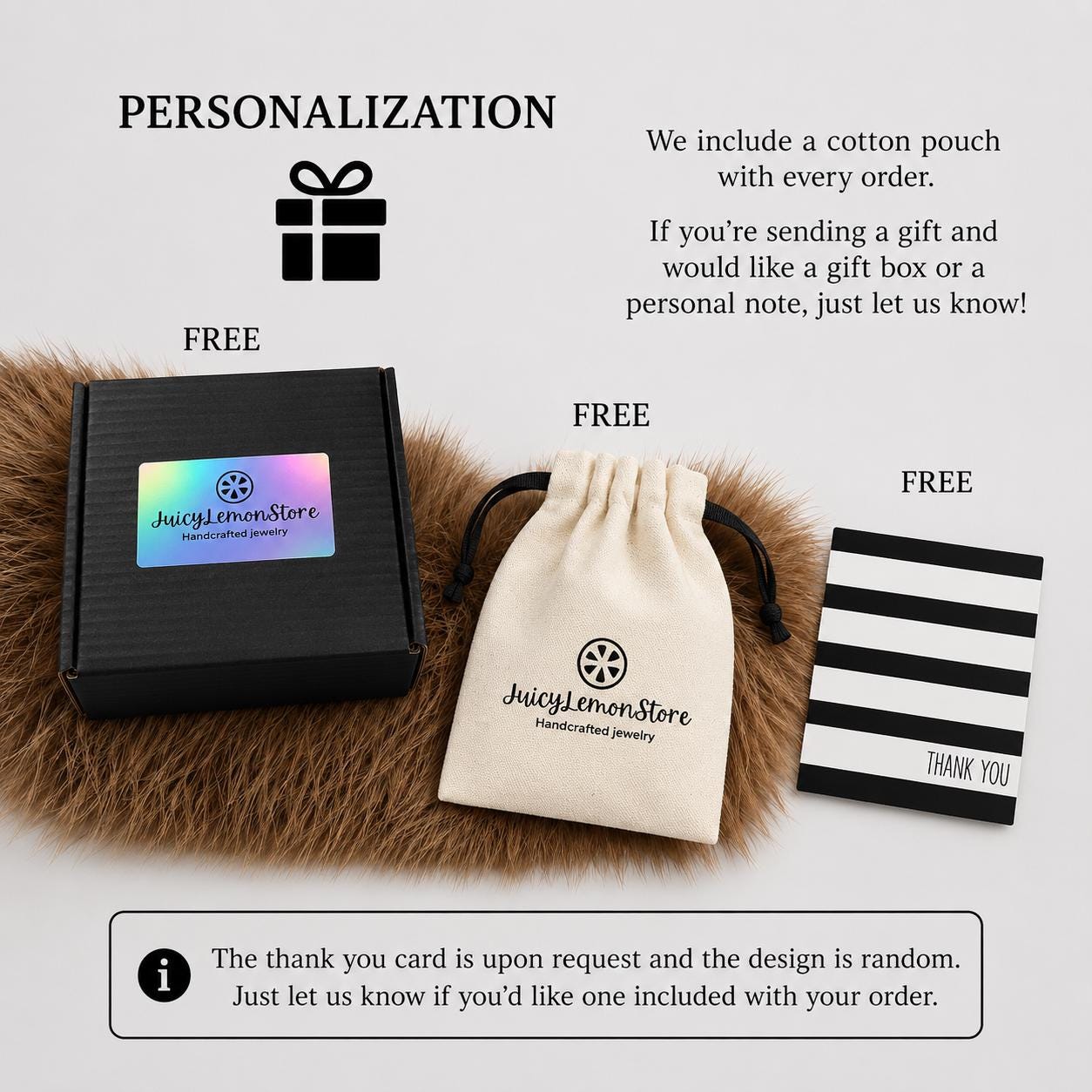 May include: A black gift box with a white cross and the text "JUICYLEMONSTORE" on the top. A white cotton pouch with the text "JUICYLEMONSTORE" on it. A white card with the text "FREE" and a cross on it. The card also has the text "Your message..." and "Your name" with a space for writing. The card also has a dove with a banner that says "Just in case". The text "The sealed box will perfectly accommodate a 3 x 3 inch note!" i