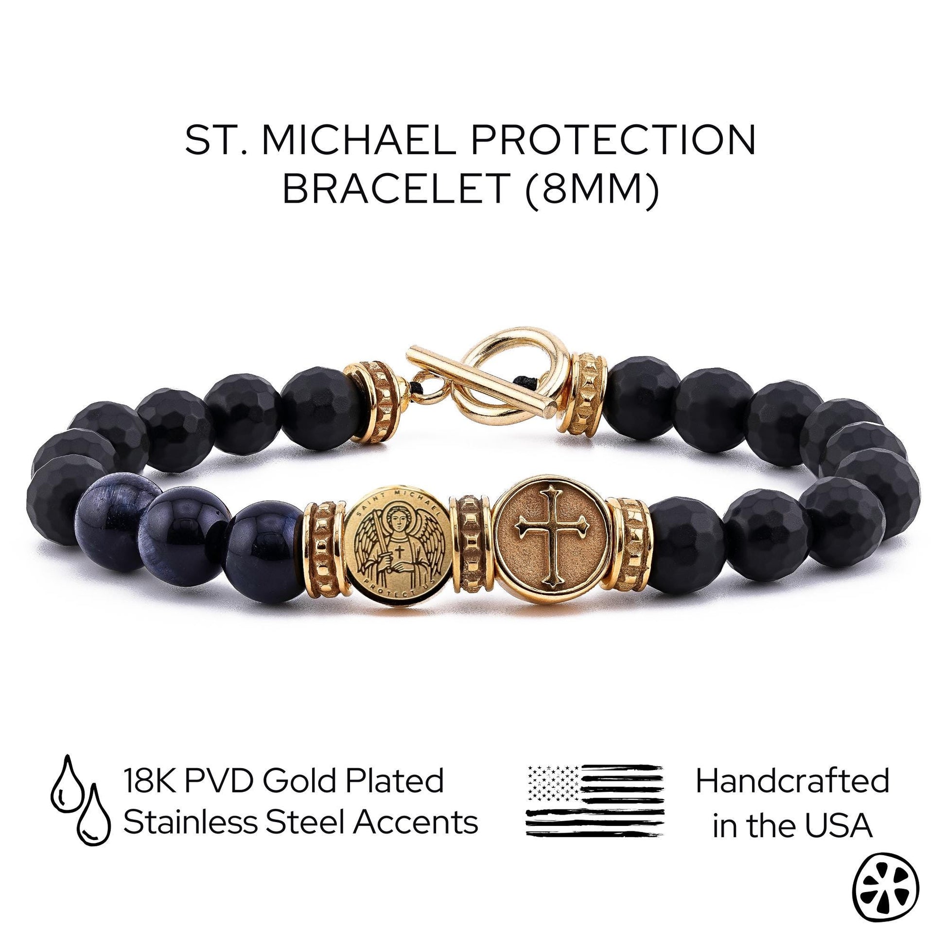 Saint Michael, Sigil & Cross Bracelet, 18K PVD Gold Plated Stainless Steel, Blue Tiger Eye and Onyx, Catholic Gift for Men, First Responder