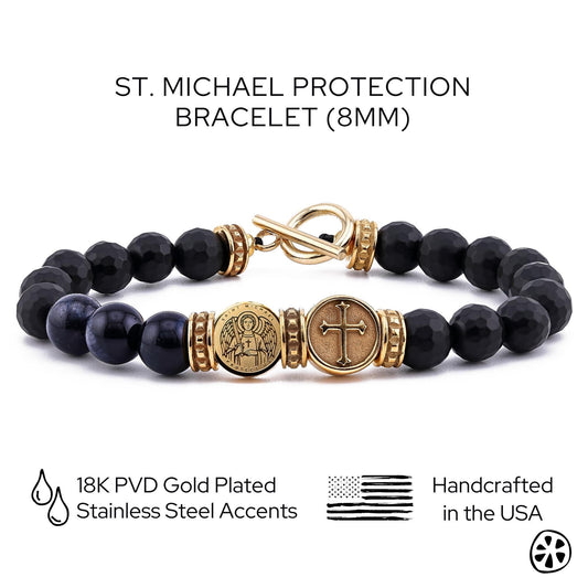 Saint Michael, Sigil & Cross Bracelet, 18K PVD Gold Plated Stainless Steel, Blue Tiger Eye and Onyx, Catholic Gift for Men, First Responder