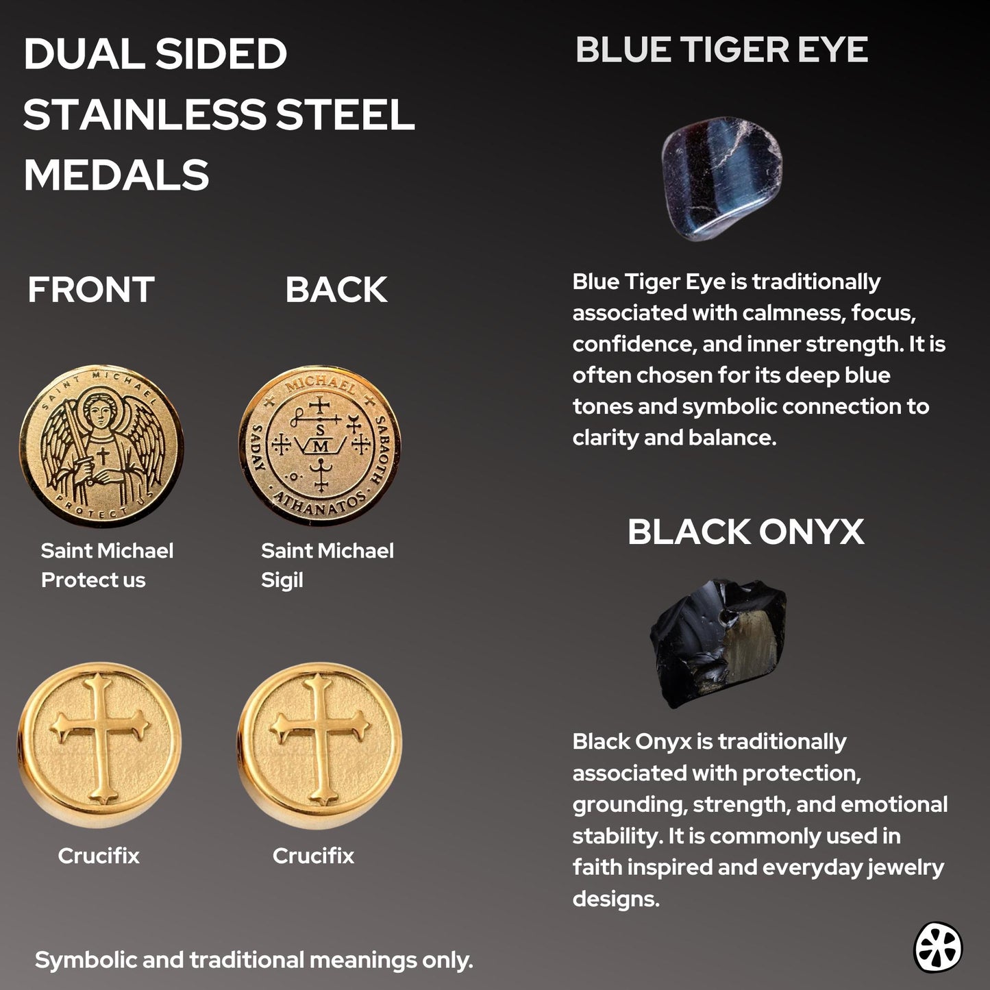 Saint Michael, Sigil & Cross Bracelet, 18K PVD Gold Plated Stainless Steel, Blue Tiger Eye and Onyx, Catholic Gift for Men, First Responder