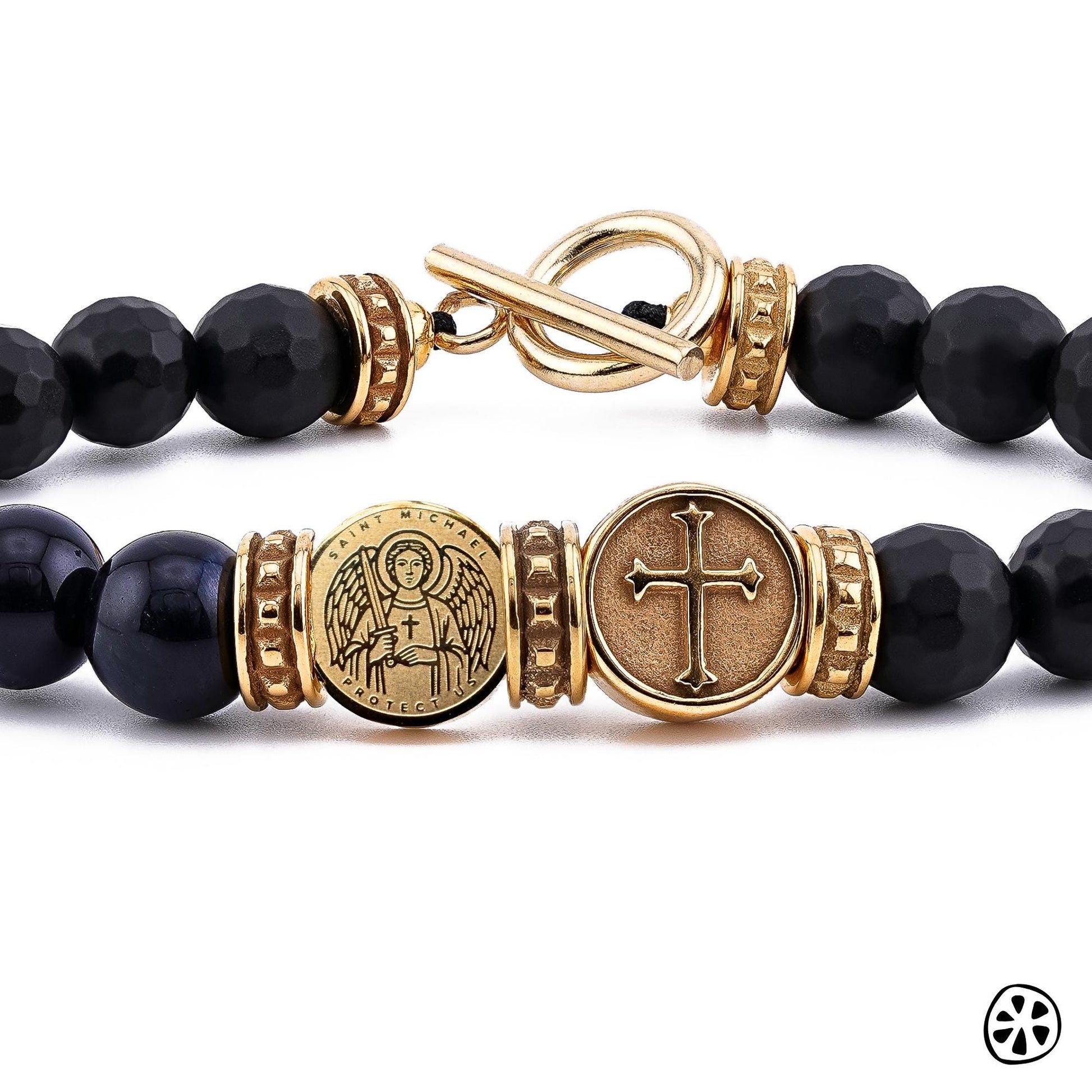 Saint Michael, Sigil & Cross Bracelet, 18K PVD Gold Plated Stainless Steel, Blue Tiger Eye and Onyx, Catholic Gift for Men, First Responder