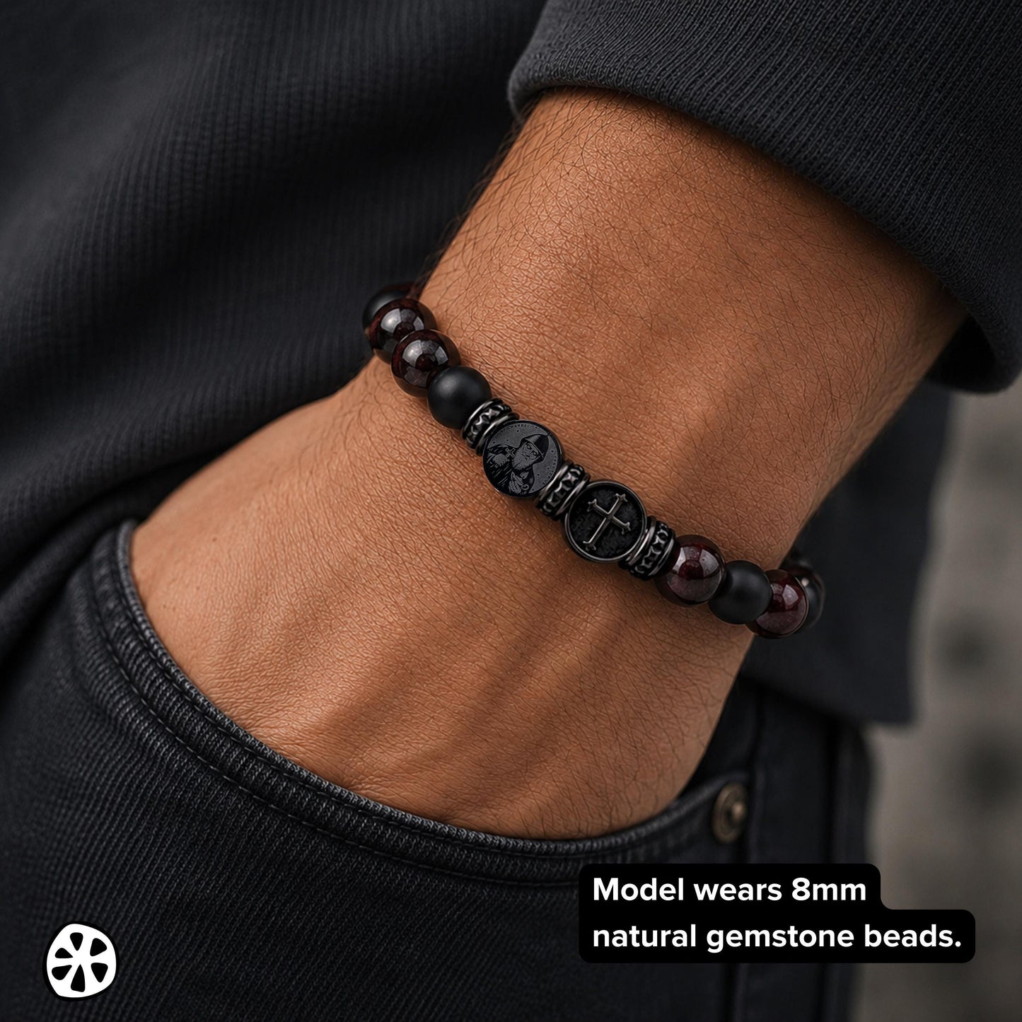 Modern Catholic men’s bracelet featuring dual-sided St. Charbel & St. Peregrine medals with vacuum plated black stainless steel 10mm medals and spacers. Handmade with natural matte black onyx and deep garnet gemstone beads for a casual, sobrio, cool contemporary style. Hypoallergenic stretch bracelet gift for men, Father’s Day gift, first responder gift, cancer support gift, boyfriend gift, faith jewelry, modern saint protection bracelet.