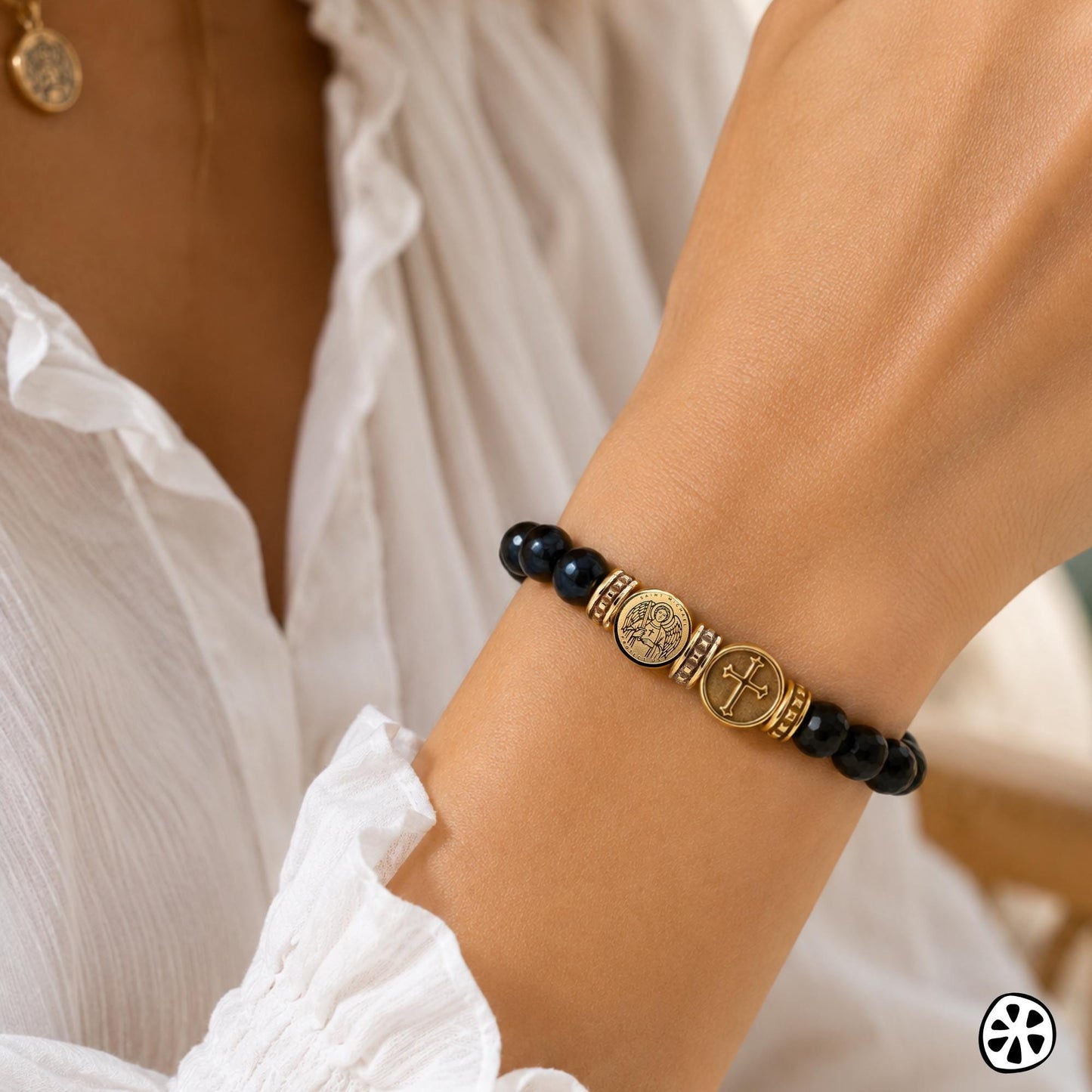 Saint Michael, Sigil & Cross Bracelet, 18K PVD Gold Plated Stainless Steel, Blue Tiger Eye and Onyx, Catholic Gift for Men, First Responder