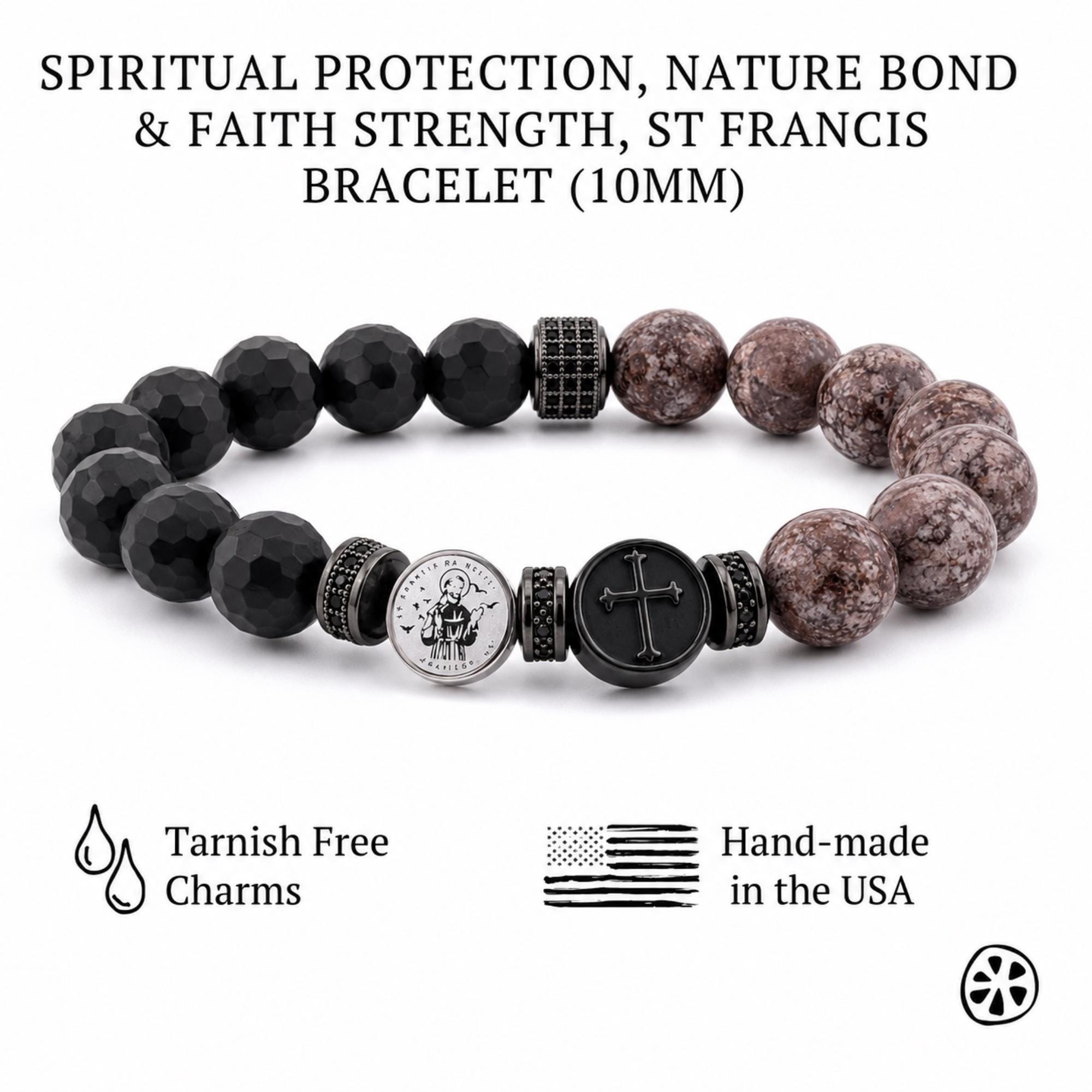 St. Francis of Assisi Bracelet – Snowflake Obsidian & Onyx – Juicy