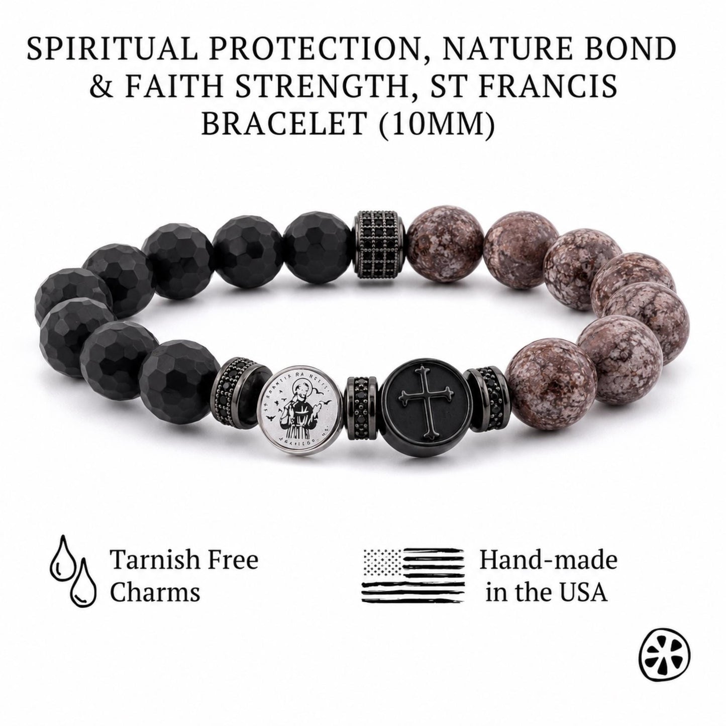 Handmade St. Francis bracelet featuring 10 mm brown snowflake obsidian and faceted black onyx beads. Designed for spiritual protection, faith, and a deep connection to nature. Includes tarnish-free stainless-steel charms with St. Francis and a cross symbol, representing harmony and strength. Handcrafted in the USA with durable stretch cord and premium gemstones for long-lasting wear and meaning.