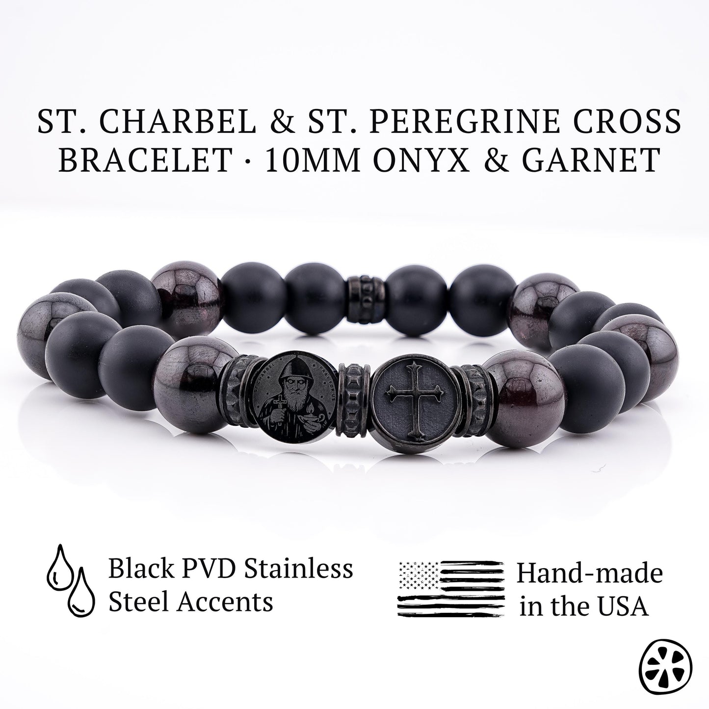 Men’s St. Charbel & St. Peregrine cross bracelet, matte onyx and garnet gemstone beads 10mm, Catholic men’s jewelry, black PVD stainless steel accents, handmade in USA, faith bracelet for men, protection bracelet, rosary style chaplet, Christian gift for him, masculine stretch bracelet, spiritual jewelry, gift for dad husband boyfriend