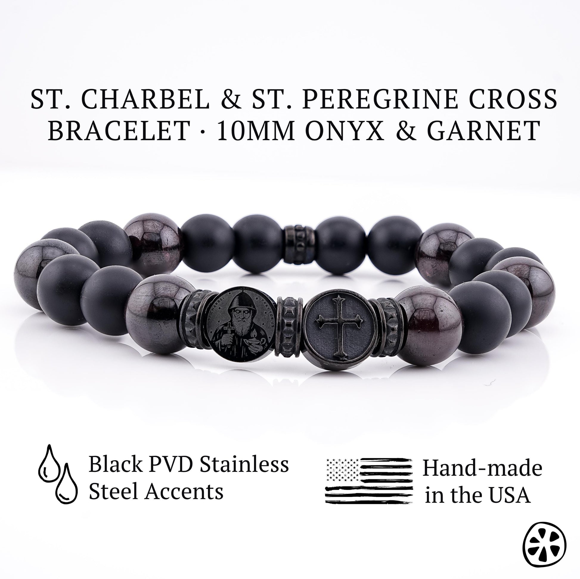 Men’s St. Charbel & St. Peregrine cross bracelet, matte onyx and garnet gemstone beads 10mm, Catholic men’s jewelry, black PVD stainless steel accents, handmade in USA, faith bracelet for men, protection bracelet, rosary style chaplet, Christian gift for him, masculine stretch bracelet, spiritual jewelry, gift for dad husband boyfriend