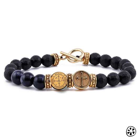 Saint Michael, Sigil & Cross Bracelet, 18K PVD Gold Plated Stainless Steel, Blue Tiger Eye and Onyx, Catholic Gift for Men, First Responder