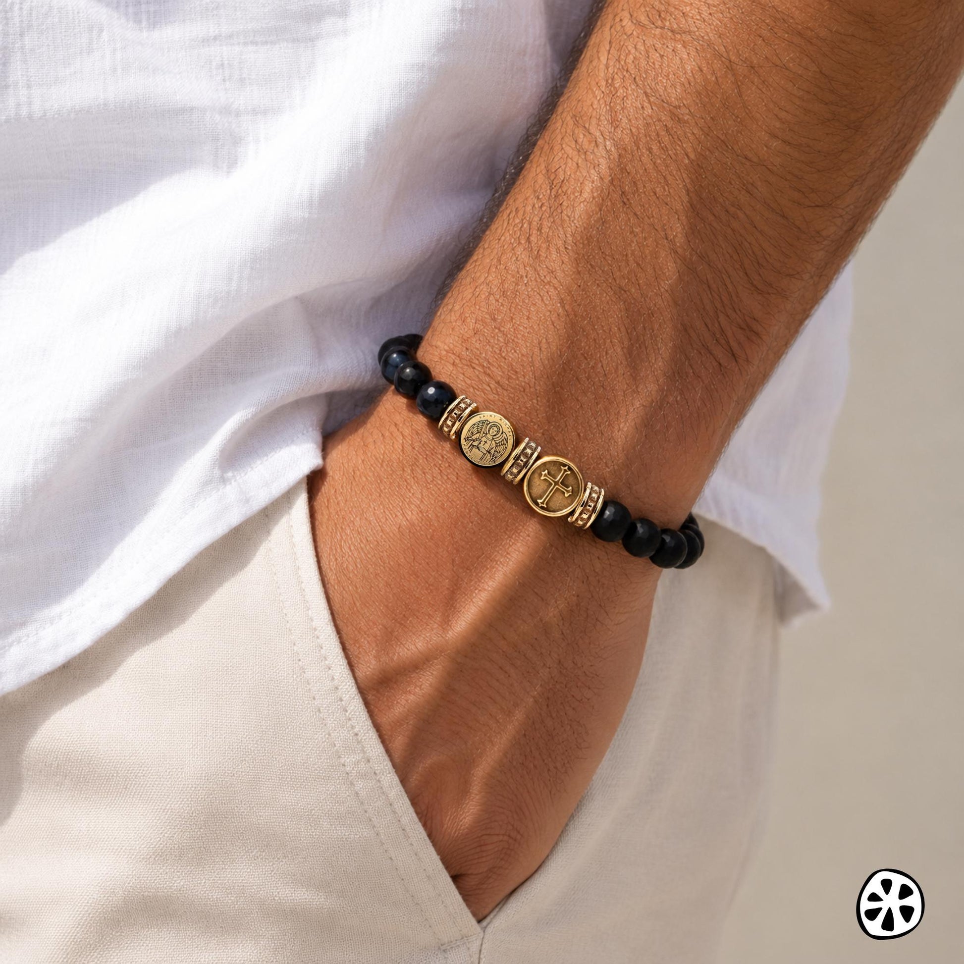 Saint Michael, Sigil & Cross Bracelet, 18K PVD Gold Plated Stainless Steel, Blue Tiger Eye and Onyx, Catholic Gift for Men, First Responder