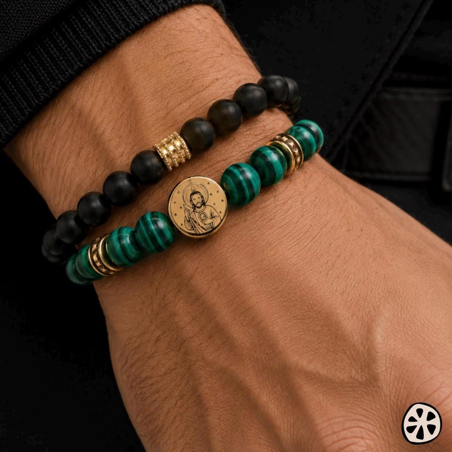 Saint Jude Thaddeus Bracelet for Men,  Catholic Protection Jewelry, 18K Gold Plated Stainless Steel, Malachite Black Onyx Gift