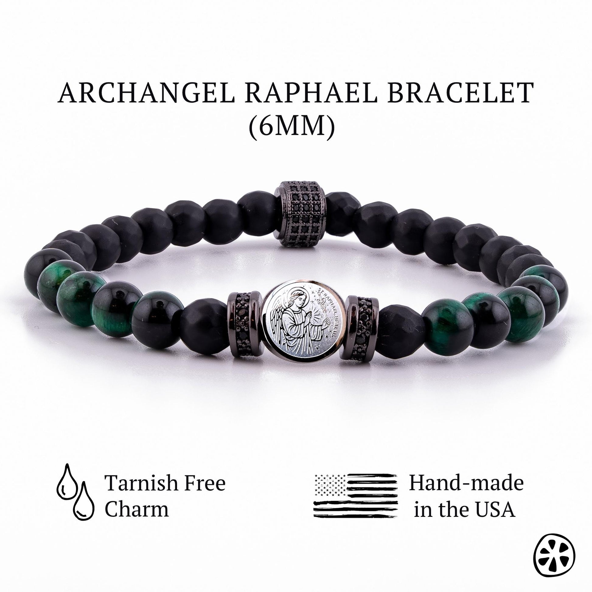 Handmade simbolize protection bracelet with polished black onyx and green tiger eye beads, featuring a double-sided Saint Raphael and Sigil medal charm symbolizing healing and divine protection. Designed in the Catholic rosary style with tarnish-free charms, a durable stretch band for daily wear, and unisex sizing for men and women. A meaningful spiritual healing and protection bracelet, handmade in the USA, ideal as a religious gift or Catholic jewelry.