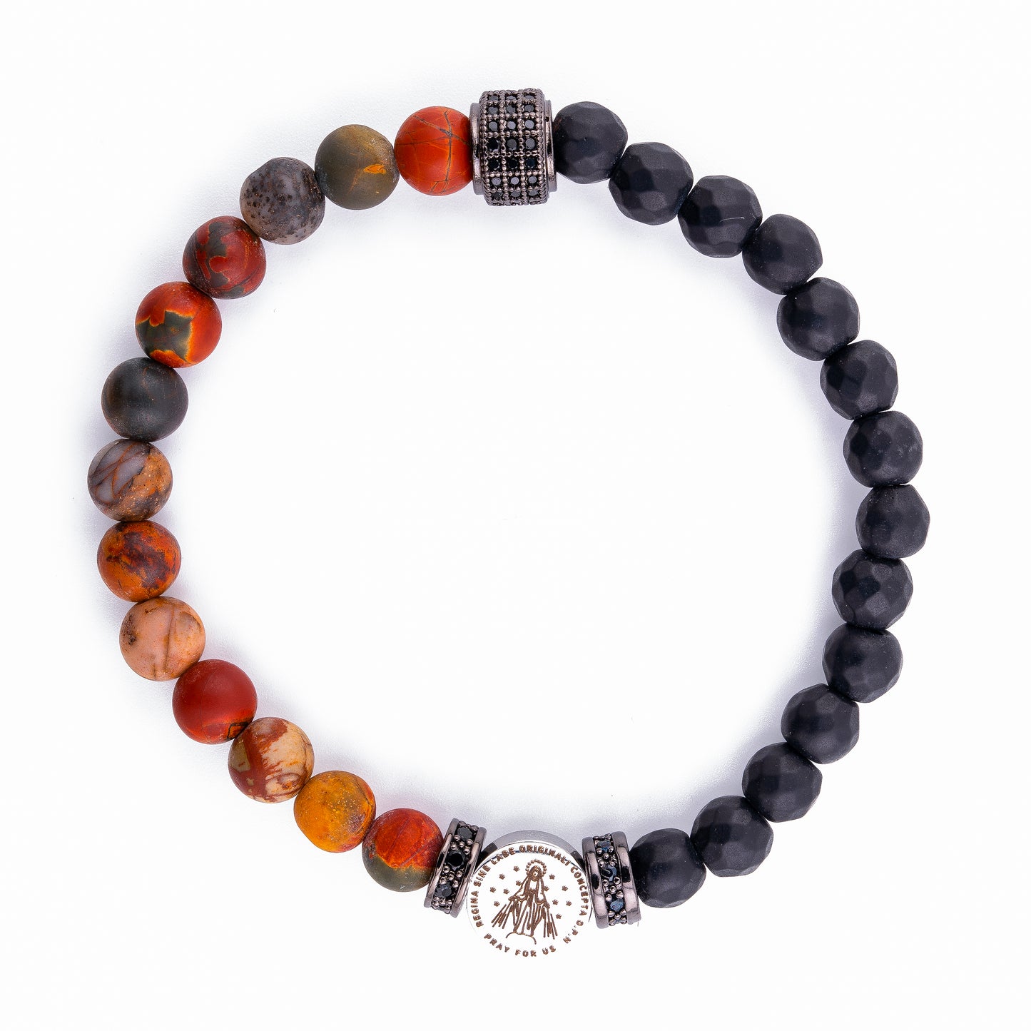 Immaculate Medal of Our Lady of Graces Bracelet – Multicolor Picasso Jasper & Matte Onyx (6mm)