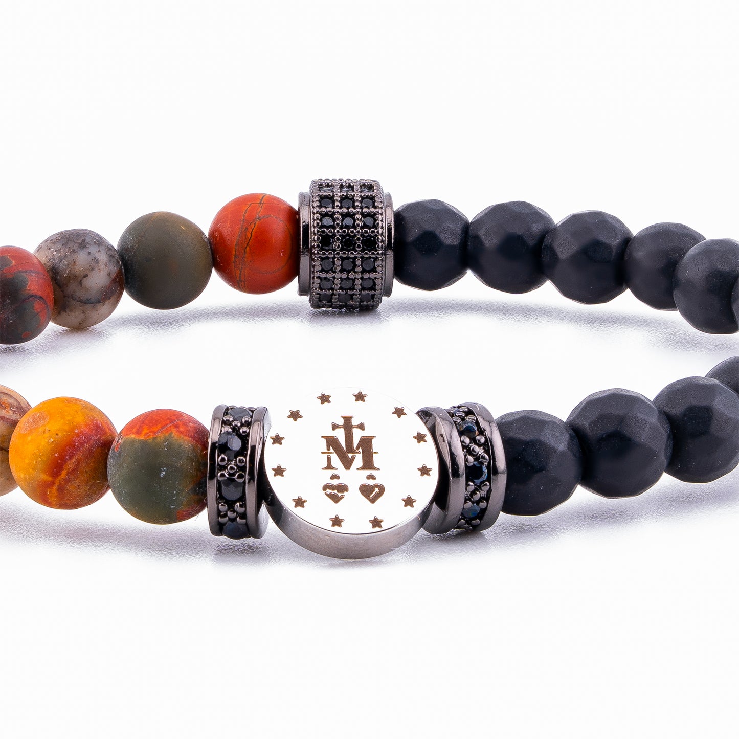 Immaculate Medal of Our Lady of Graces Bracelet – Multicolor Picasso Jasper & Matte Onyx (6mm)