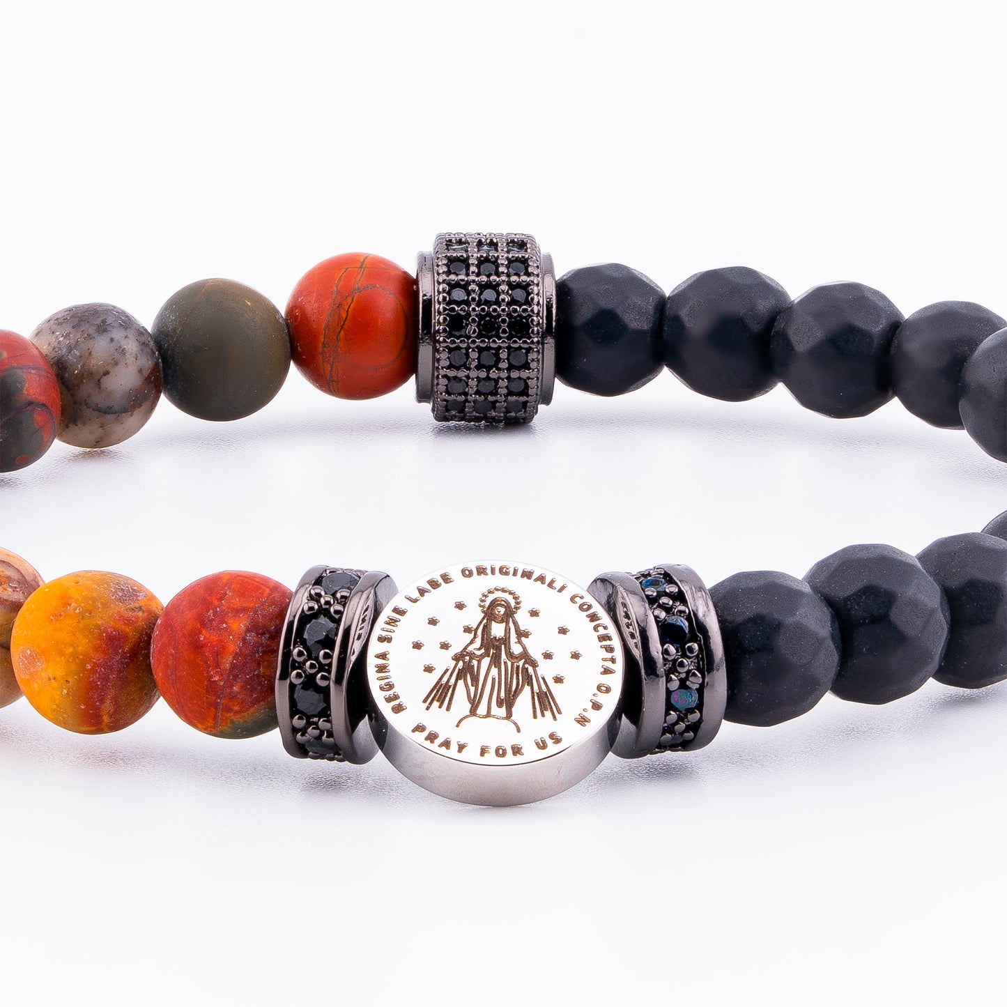 Immaculate Medal of Our Lady of Graces Bracelet – Multicolor Picasso Jasper & Matte Onyx (6mm)