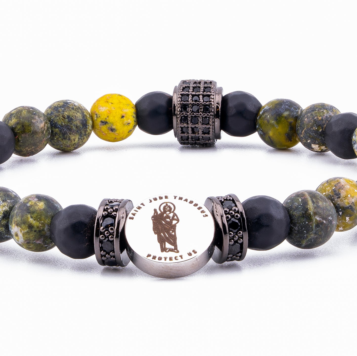 St Jude Thaddeus Protection Bracelet Green Turquoise and Black Onyx Protection (6mm)