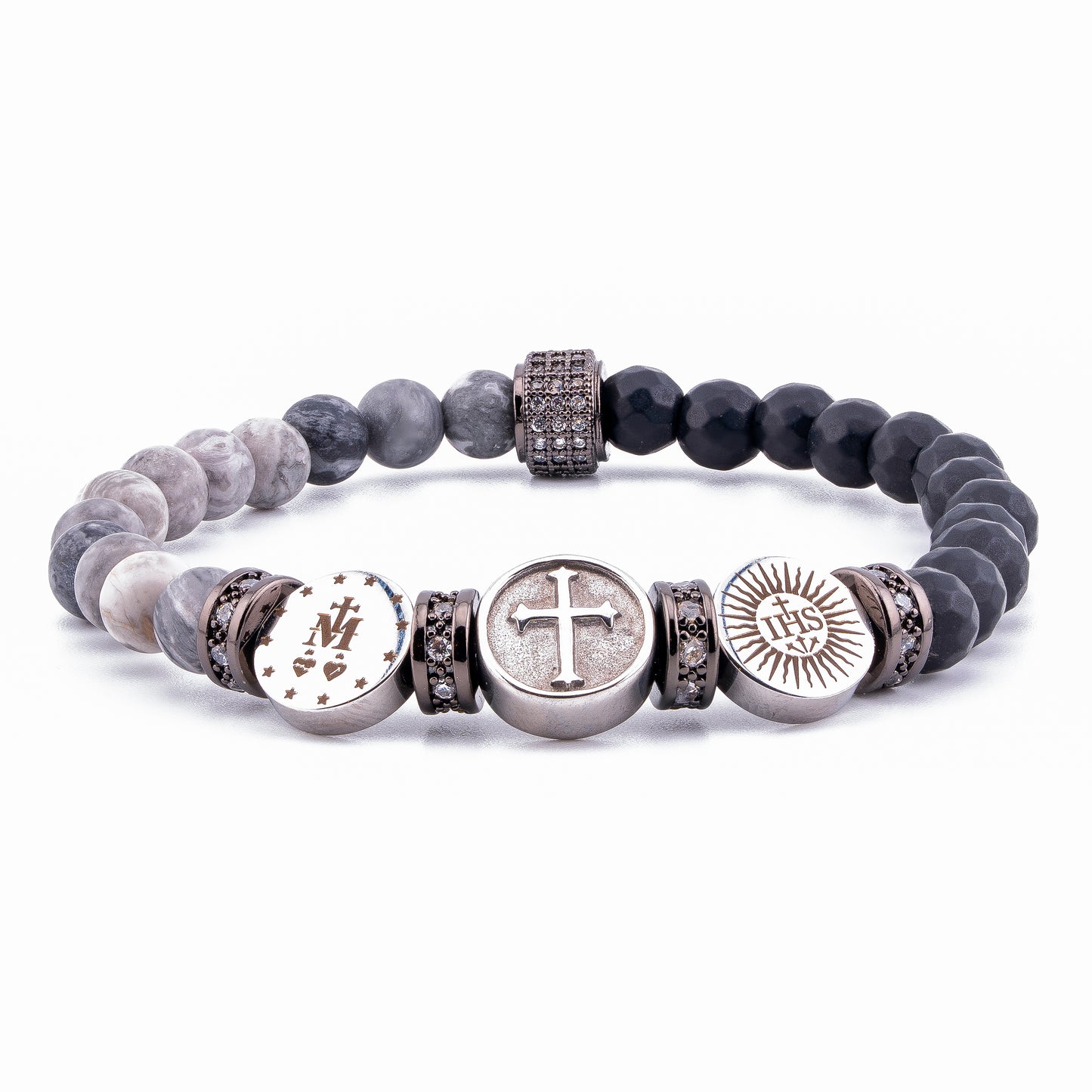 Triple Saint Protection Bracelet featuring Onyx and Map Jasper (6mm)